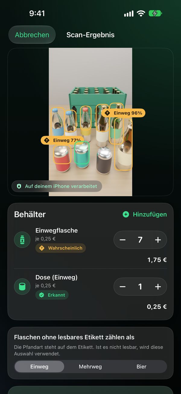 Scan-Ergebnis mit erkannten Behältern, Sicherheitsangaben und anpassbarer Anzahl