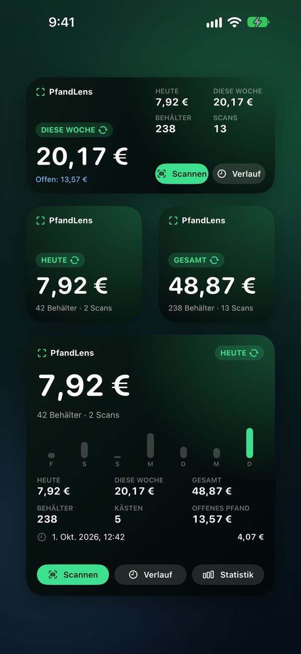 PfandLens-Widgets in klein, mittel und groß