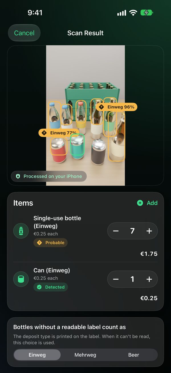 Scan result with detected items, confidence badges and editable counts