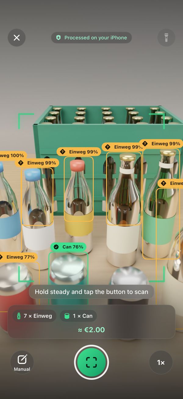 PfandLens scanner recognising bottles and cans with boxes and confidence labels