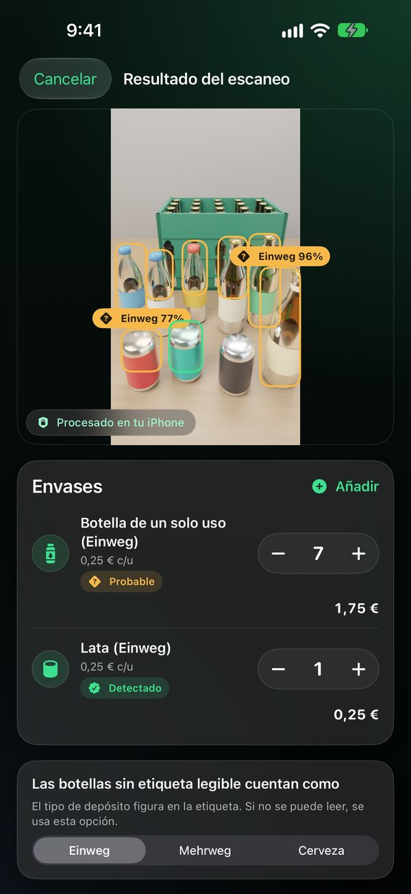 Resultado del escaneo con envases detectados, fiabilidad y cantidades editables
