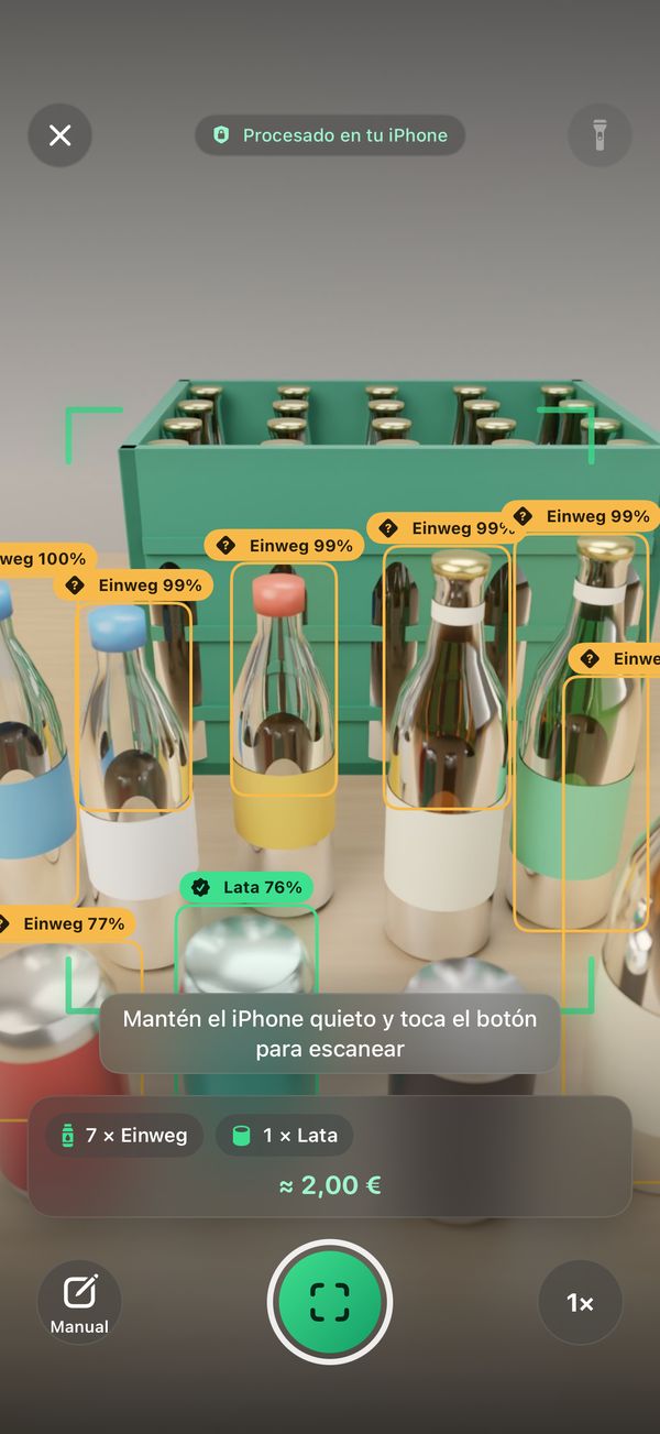 El escáner de PfandLens reconoce botellas y latas con recuadros y fiabilidad
