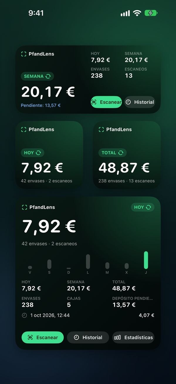 Widgets de PfandLens en tamaño pequeño, mediano y grande