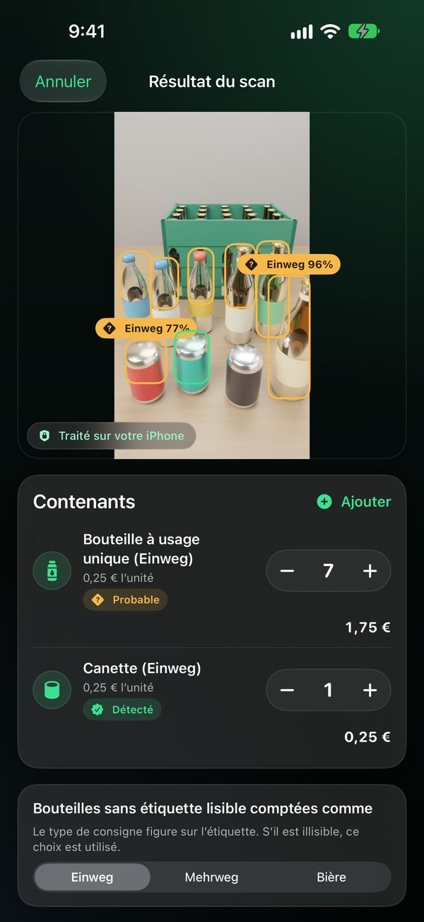 Résultat de scan avec contenants détectés, fiabilité et quantités modifiables