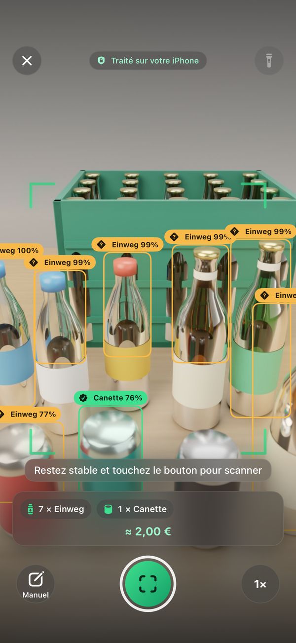 Le scanner PfandLens reconnaît bouteilles et canettes avec cadres et niveau de fiabilité